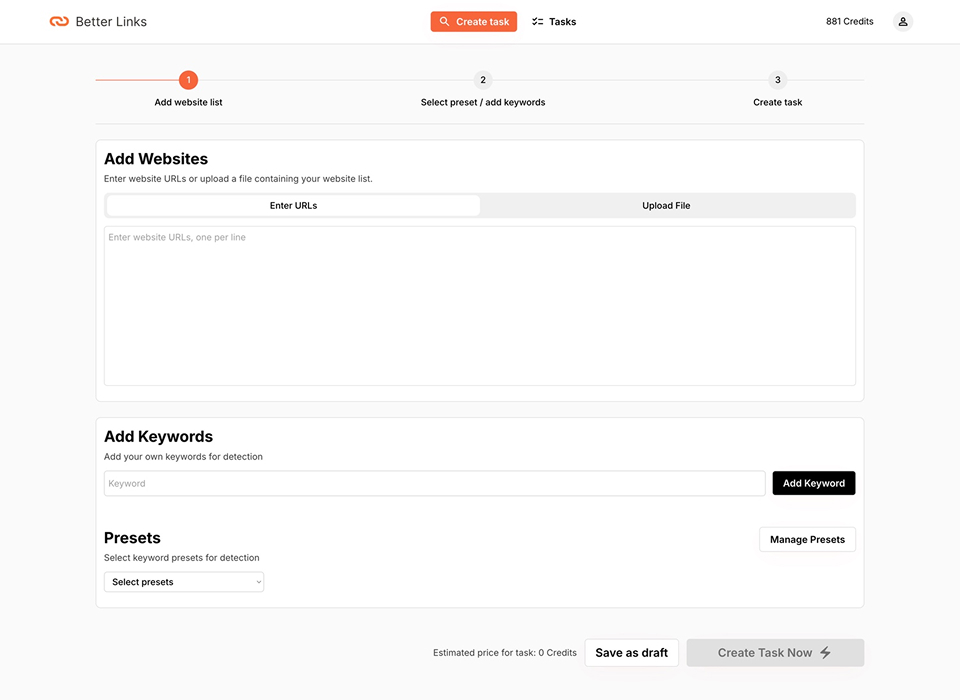 Screenshot of "Better Links" interface for creating a task. Features sections to add websites, keywords, and presets. Includes fields for entering URLs, uploading files, and managing presets, with buttons to save or create a task.
