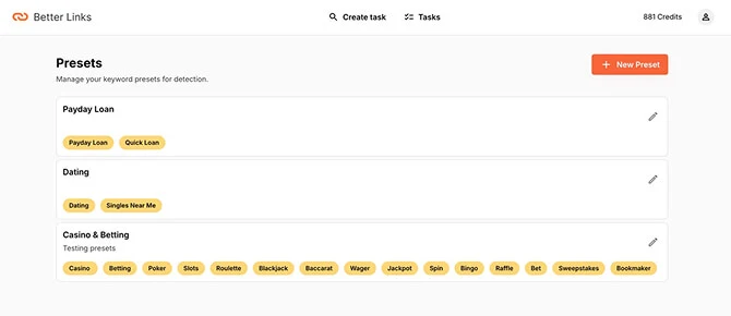 Screenshot of a "Better Links" platform showing keyword presets for detection. Categories include "Payday Loan," "Dating," and "Casino & Betting," with keywords like "Quick Loan," "Singles Near Me," "Casino," and "Poker." Options to create tasks are visible.